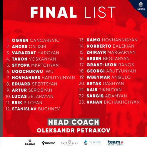 Հայաստանի ֆուտբոլի ազգային ֆեդերացիան հրապարակել է մեր տղաների խաղային համարները Թուրքիայի դեմ խաղում