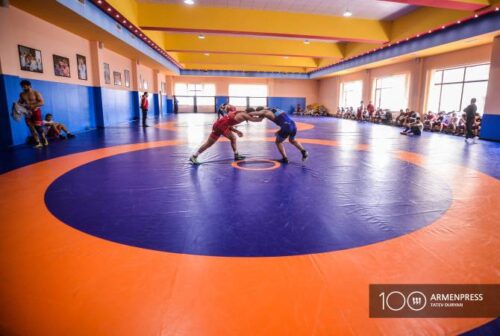 Armenian Greco-Roman wrestlers training for European Championships