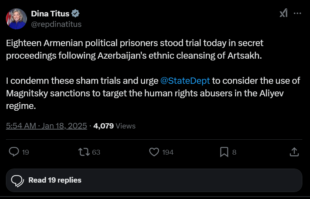 ԱՄՆ ներկայացուցիչների պալատի անդամ Դինա Տիտուսը դատապարտել է Բաքվի «դատավարությունը»